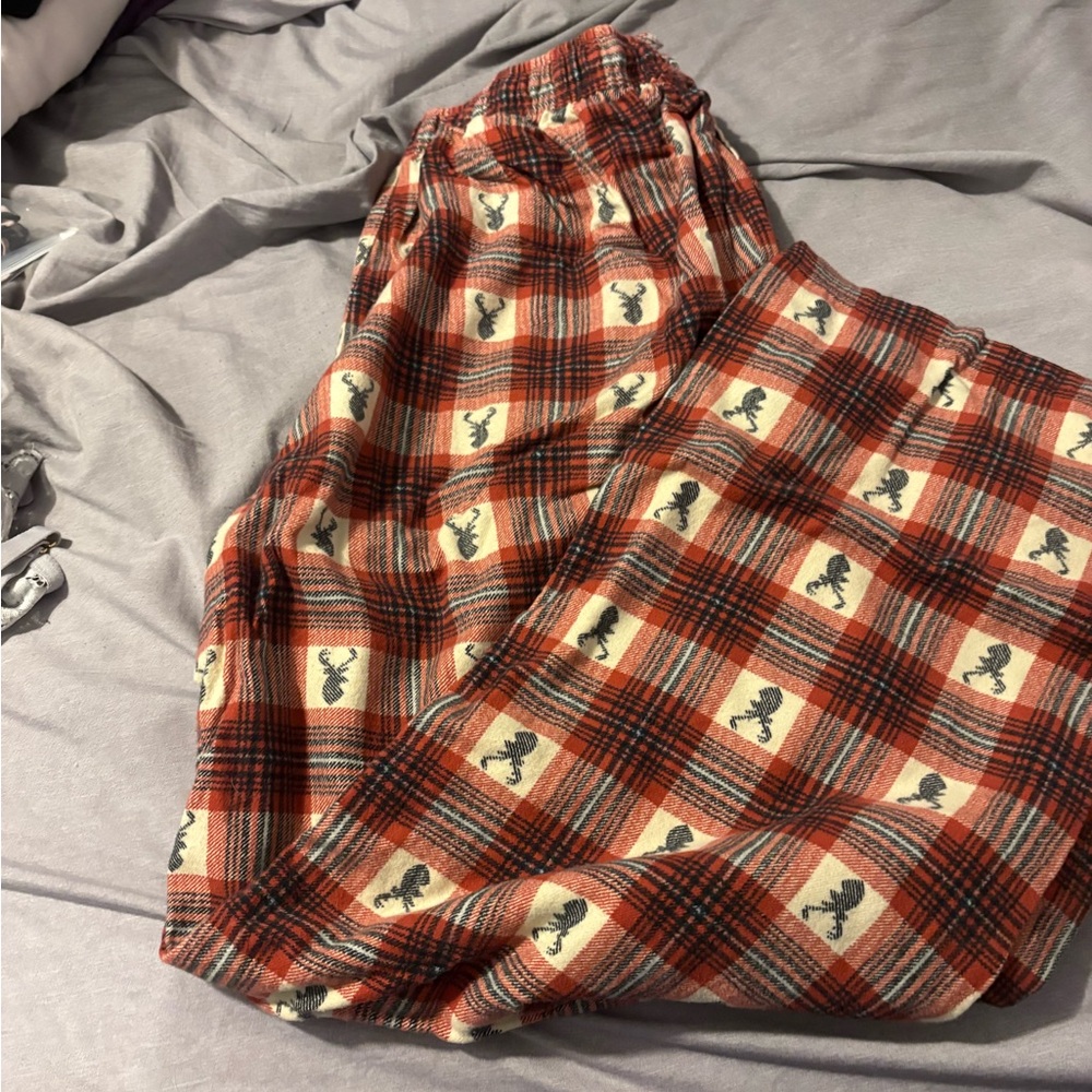Eddie Bauer Red and Cream Plaid Sleep Pants with Deer Motif